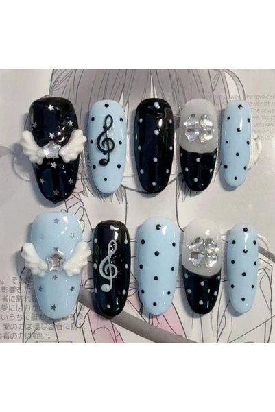 Choice SJ0561-M 10 Hand Pressed Oval Nails, Beautiful Fake Nails, Blue and Bl...