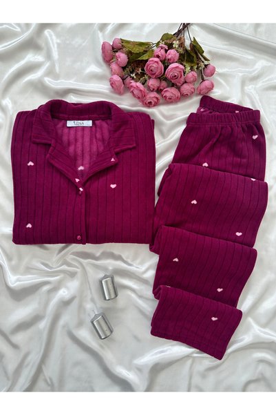 Lena Homewears Set pijamale Dreams din fleece cu nasturi, cu imprimeu inimioa...