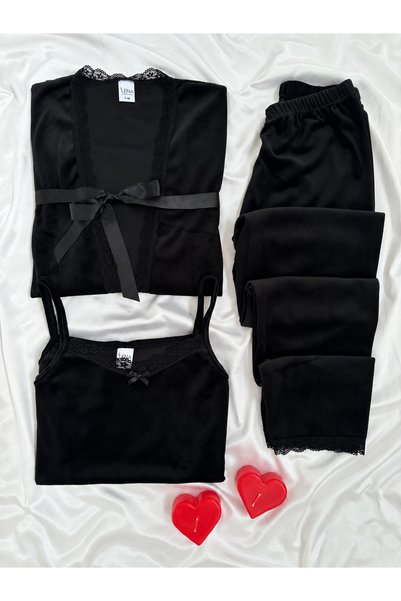 Lena Homewears Black Velvet Women's Pajamas Set with Dressing Gown