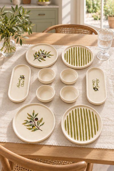 Papart Oliva 10 Parça 4 Kişilik Seramik Kahvaltı Takımı Zeytin Desenli Kayık ...