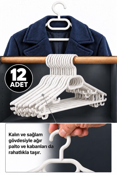Binbirreyon Kalın Elbise Askısı Kalın Kaban Mont Askısı Kırılmaz 12 Adetli Se...