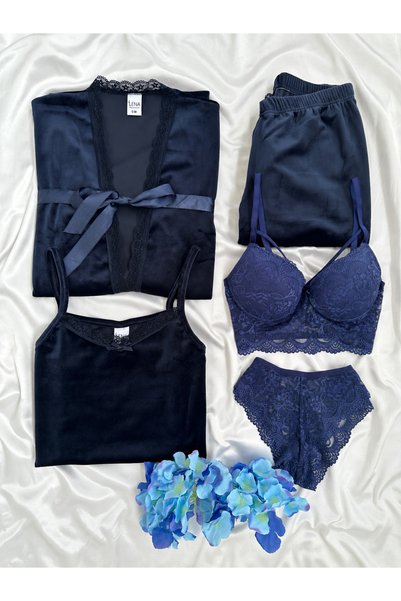 Lena Homewears Navy Blue Lingerie Velvet Dressing Gown Women's Pajamas Set