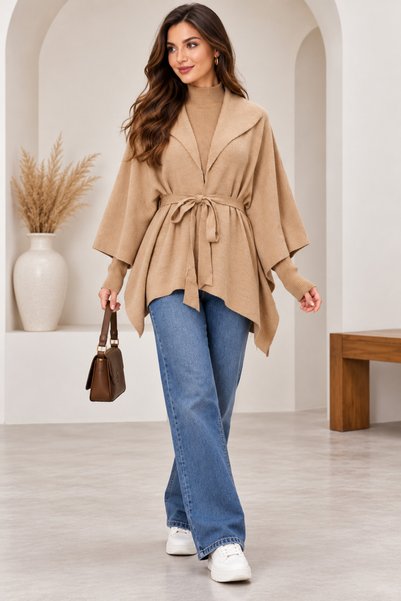 CNR TEKSTİL Tricot Poncho with Casual Design and Brooch Accessory