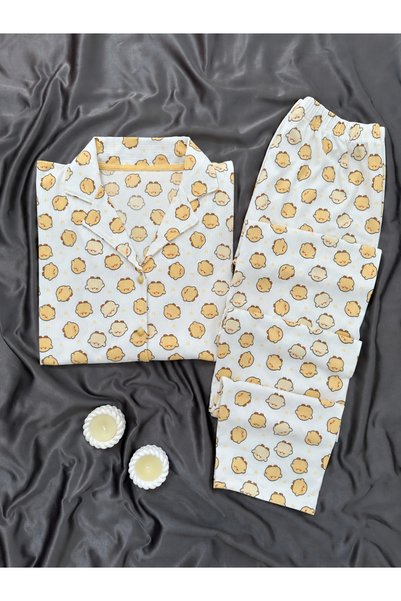 Lena Homewears Ekru Sarı Civciv Desenli Uzun Kollu Pijama Takımı