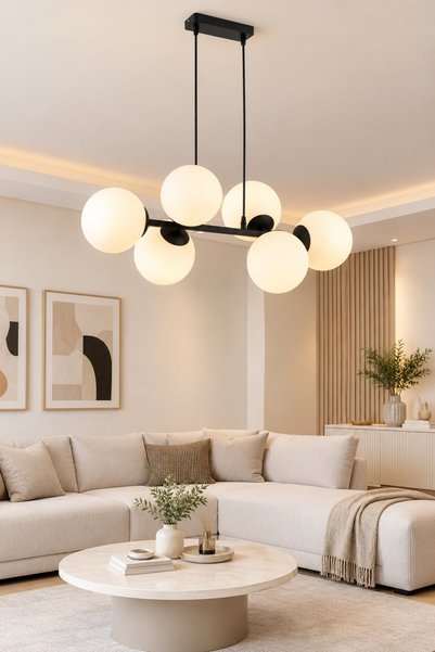 avimonaydınlatma CROSS 8'Lİ SİYAH BEYAZ GLOP CAMLI MODERN SARKIT AVİZE OTURMA...