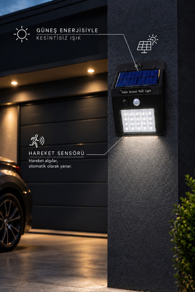 CALIBURN Güneş Enerjili Solar Hareket Sensörlü Dış Cephe LED Lamba | Garaj Ba...