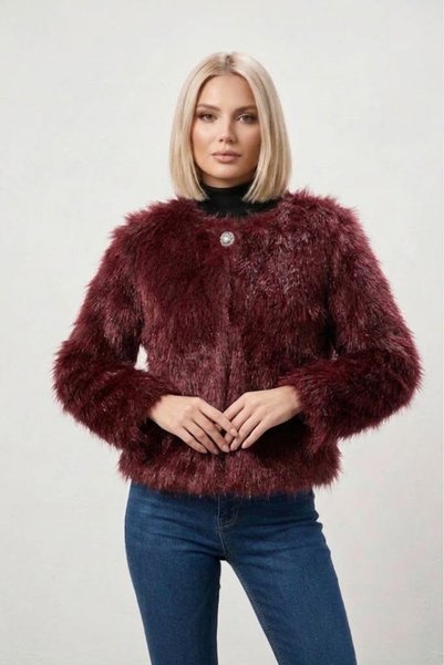 Swana Women's Single Button Closure Lined Fur Jacket - Burgundy