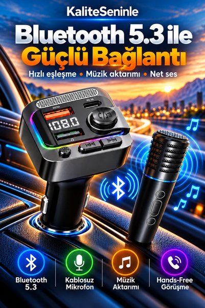 KALİTESENİNLE FM Transmitter Karaoke Kablosuz MikrofonIu Bluetooth 5.3 Araç Ş...
