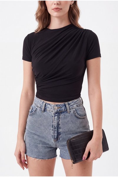 Generic Brand Cross Gathered Short Sleeve Crew Neck Waist Length Sandy Blouse...