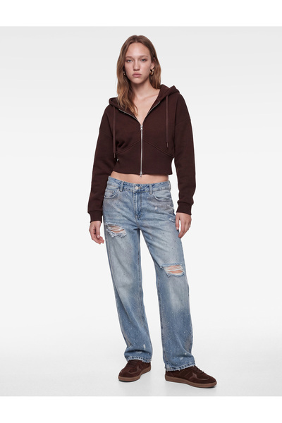 Koton Ruffled Slim Fit Corset Detailed Hooded Long Sleeve Zippered Sweatshirt