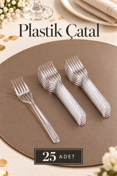 Ezupack 25'li LÜX SERT PLASTİK Şeffaf Çatal Parti Doğum Günü Sunum Davet Nişa...