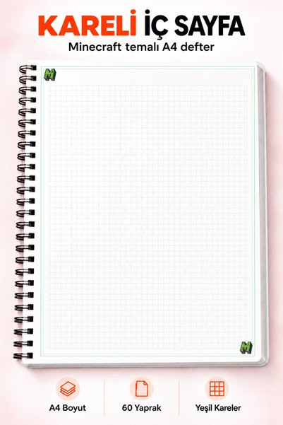 Morinna Minecraft Temalı A4 Spiralli Defter 60 Yaprak Kareli veya Çizgili Sayfa Seçenekli Okul Ders Defteri DFT-01