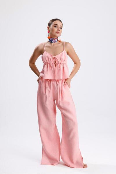 COLLECTİON Selina Woven Linen Tie Detail Blouse Wide Pants Double Suit