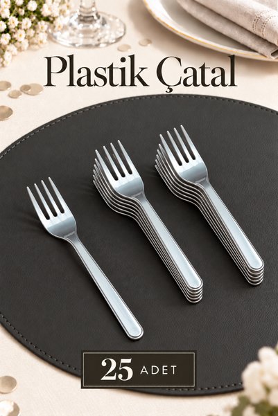 Ezupack 25'li LÜX SERT PLASTİK Gümüş Çatal Parti Doğum Günü Sunum Davet Nişan...