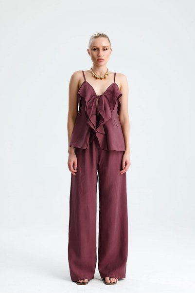 GACA COLLECTION Set de bluză cu volane în față și pantaloni cu șireturi, de c...