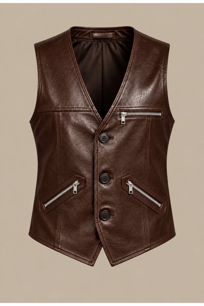 Velmora Leather Hakiki Deri Erkek Yelek Astarlı-Cepli-Siyah-Beyaz-Kahverengi