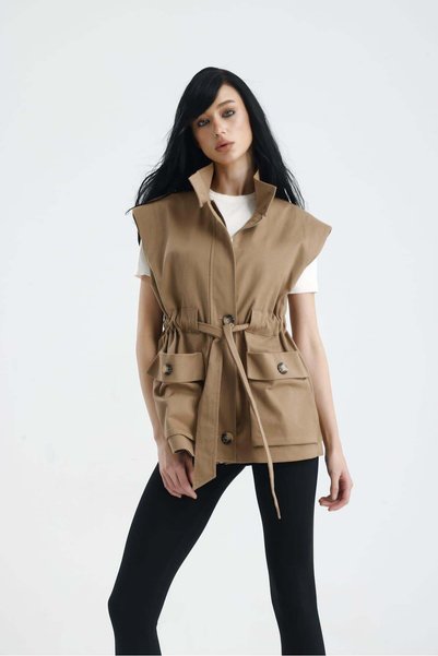 GACA COLLECTION Mari̇da Gabardine Fabric Pocketed Drawstring Waist Autumn Vest