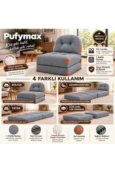 PUFYMAX Comfy Bohem Tek Kişilik Katlanır Yataklı Koltuk,Uzanma koltuğu,4’ü 1 ...