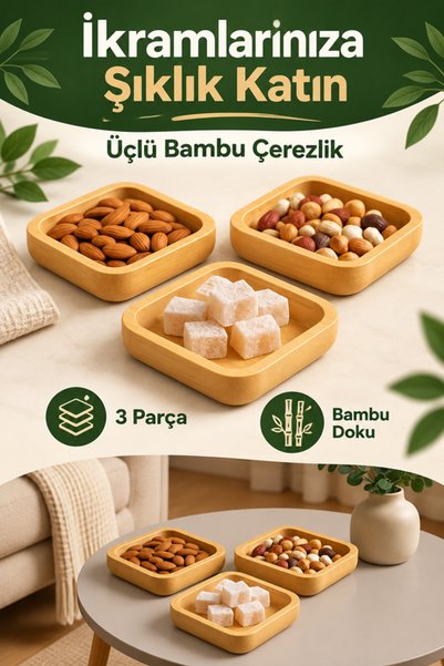 mucit home Bamboo 3-Piece Square Snack Bowl Jam Bowl Turkish Delight Bowl