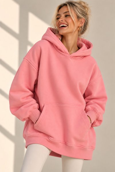 Genel Markalar VERAE - %100 Pamuk Extra Oversize Unisex Kapüşonlu Pudra Pembe...