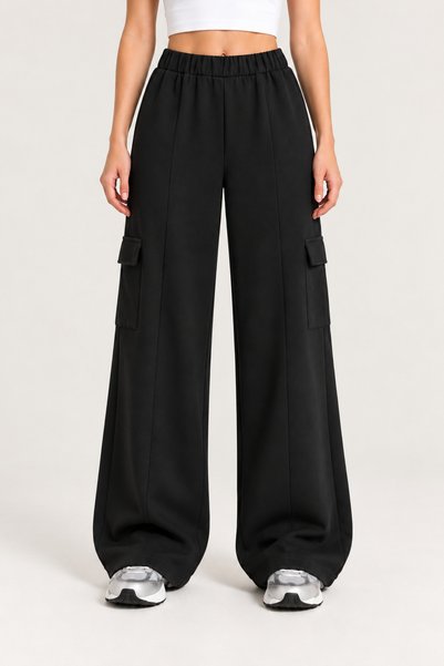 Grenj Fashion Siyah Modal Kumaş Kargo Cepli Wide Leg Pantolon