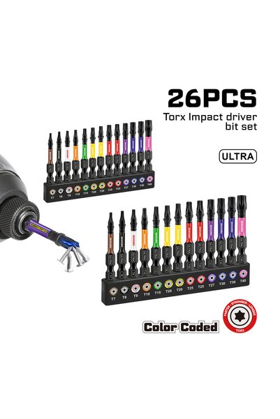 Choice1 26PCS Geinxurn 2'' Ultra Torx Impact Bit Set ( T7-T40),S2 Steel Torx ...