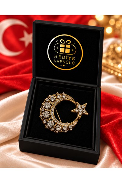 PULİNİN DÜKKANI Taş Detaylı Ay Yıldız Broş – Şık Hediye Kutulu Yaka Aksesuarı