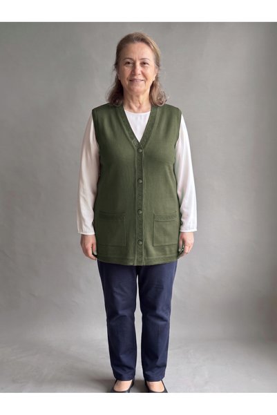 Lanze Knitwear Mother's Vest Buttoned Plus Size Full Knit