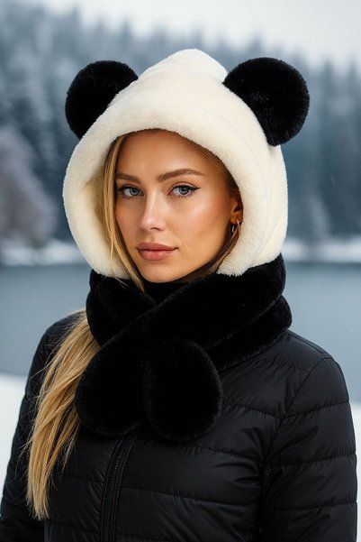 Axesoire 14494 Panda Model Kulaklıklı Siyah Beyaz Peluş Bere