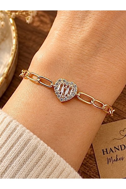 hand shey Taşlı Kalp Detaylı Ataç Zincir Bileklik | VIP Premium | Gold Renk