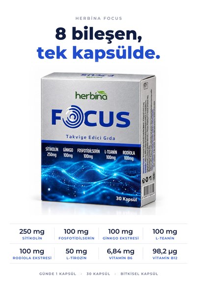 Herbina FOCUS SİTİKOLİN GİNKGO,TEANİN, RHODİOLA, FOSFOTİDİLSERİN 30 KAPSÜL.