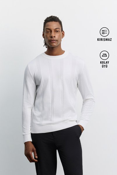 Avva Men's Ecru Crew Neck Easy-Iron Wrinkle-Resistant Long Sleeve Regular Fit...