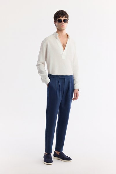 Avva Ανδρικό παντελόνι Navy Blue Classic Waist 100% λινό Carrot Fit A51Y3025