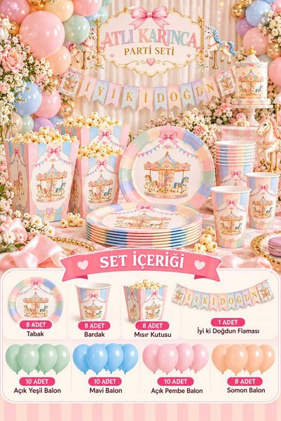 DEHAPARTY Atlı Karınca Parti Seti 48 Parça Doğum Günü Süsleme Seti Pastel Ren...