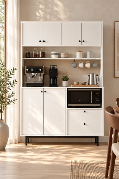 Yurudesign Royce Serisi Kahve Köşesi Çok Amaçlı Dolap Mutfak Dolabı Beyaz RE5-W