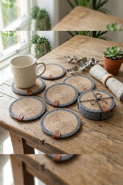 Homever 6 Pieces 13cm Gray Striped Jute Straw Knitted Coaster Presentation Set