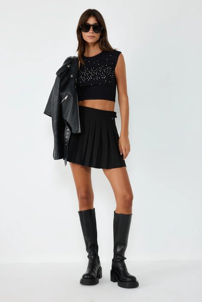 No Matter What Women's Stone Embroidered Crew Neck Black Top Sleeveless Cotton
