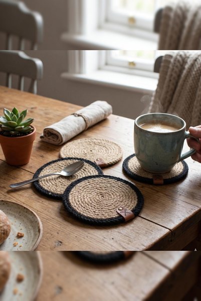 Homever Straw Coaster 6 Pieces 13cm - Black Striped Jute Rope Candle Coaster ...