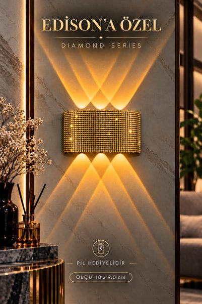 Edison Pilli Aplik Kablosuz LED Duvar Lambası Gold Altın Kristal Taşlı Dekora...