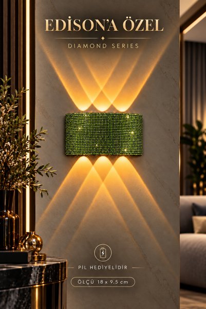 Edison Pilli Aplik Kablosuz LED Duvar Lambası Yeşil Kristal Taşlı Dekoratif A...