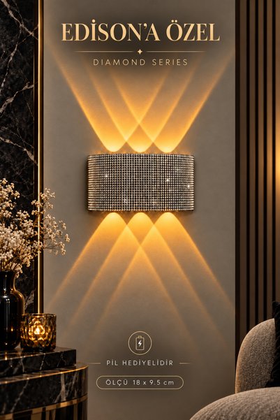 Edison Pilli Aplik Kablosuz LED Duvar Lambası Gümüş Kristal Taşlı Özel Üretim...