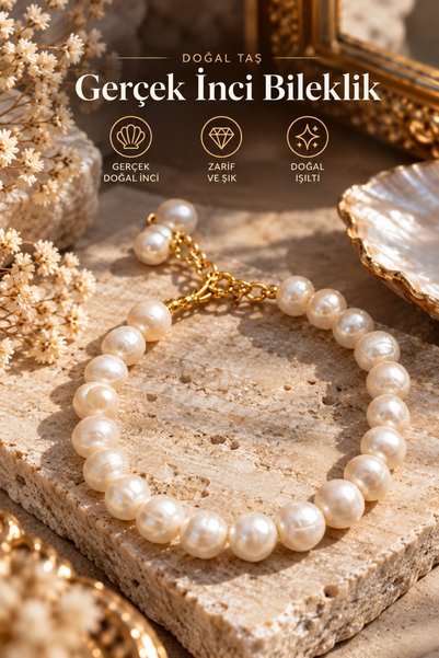 NBS Beautiful Naturel Stones İnci Kadın Gerçek Bileklik 7-8 mm AAA+ Kalite