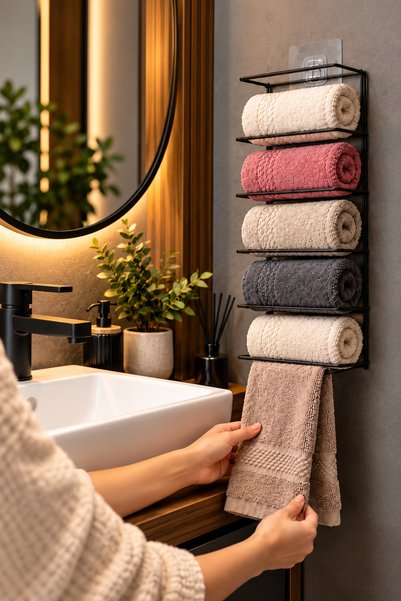 TncPatiShop 5 Katlı Yapışkanlı Havluluk, Metal Havlu Düzenleyici, Banyo Organ...