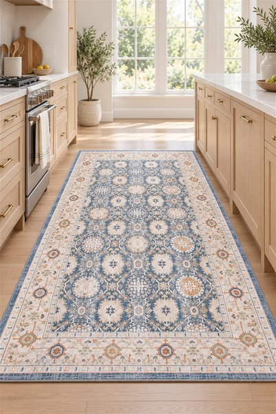 ALA RUGS Etnikan Mavi Yumuşak Dokulu Vintage Etnik Desenli Mutfak Halısı