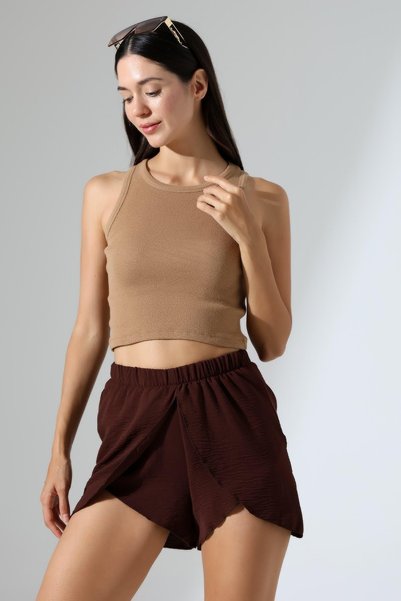 Berel Moda Women's Shorts Light Brown Elastic Waist with Front Panels Aerobin...