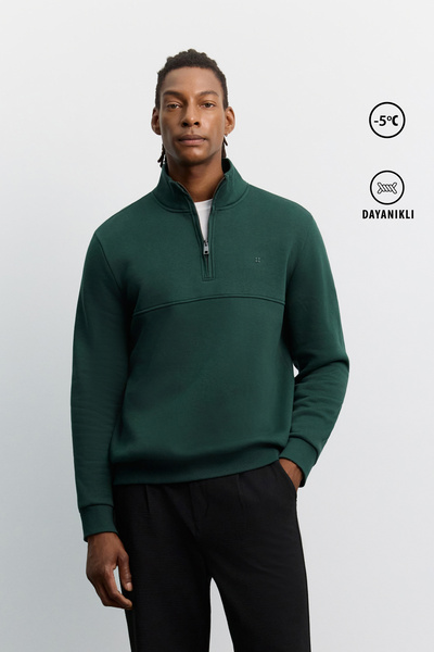 Avva Men's Dark Green Stand Collar Zippered 3 Thread Ribbed Sweatshirt A62Y1351