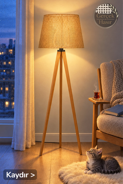 Vivido Home Doğal Rattan Hasır Ahşap Lambader