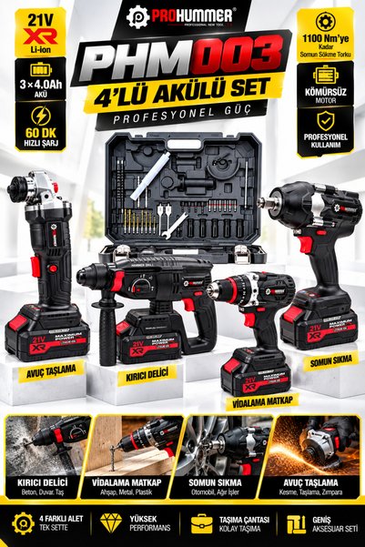 PROHUMMER PHM00033 21V 4Ah Çift Akülü 4'lü Şarjlı Set - Kömürsüz Somun Sökme ...