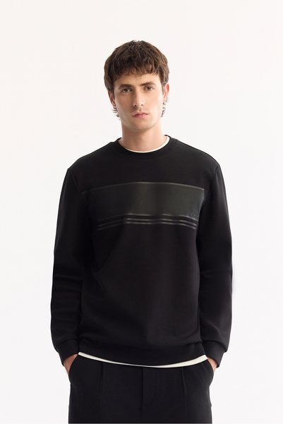 Avva Erkek Siyah Bisiklet Yaka Pamuklu Bi-Stretch Baskılı Regular Fit Sweatsh...