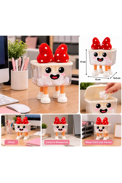ARVALE MİNNİE Şeffaf Sevimli Kurdeleli Klik Kapak Mini Çöp Kovası | Stickerlı...
